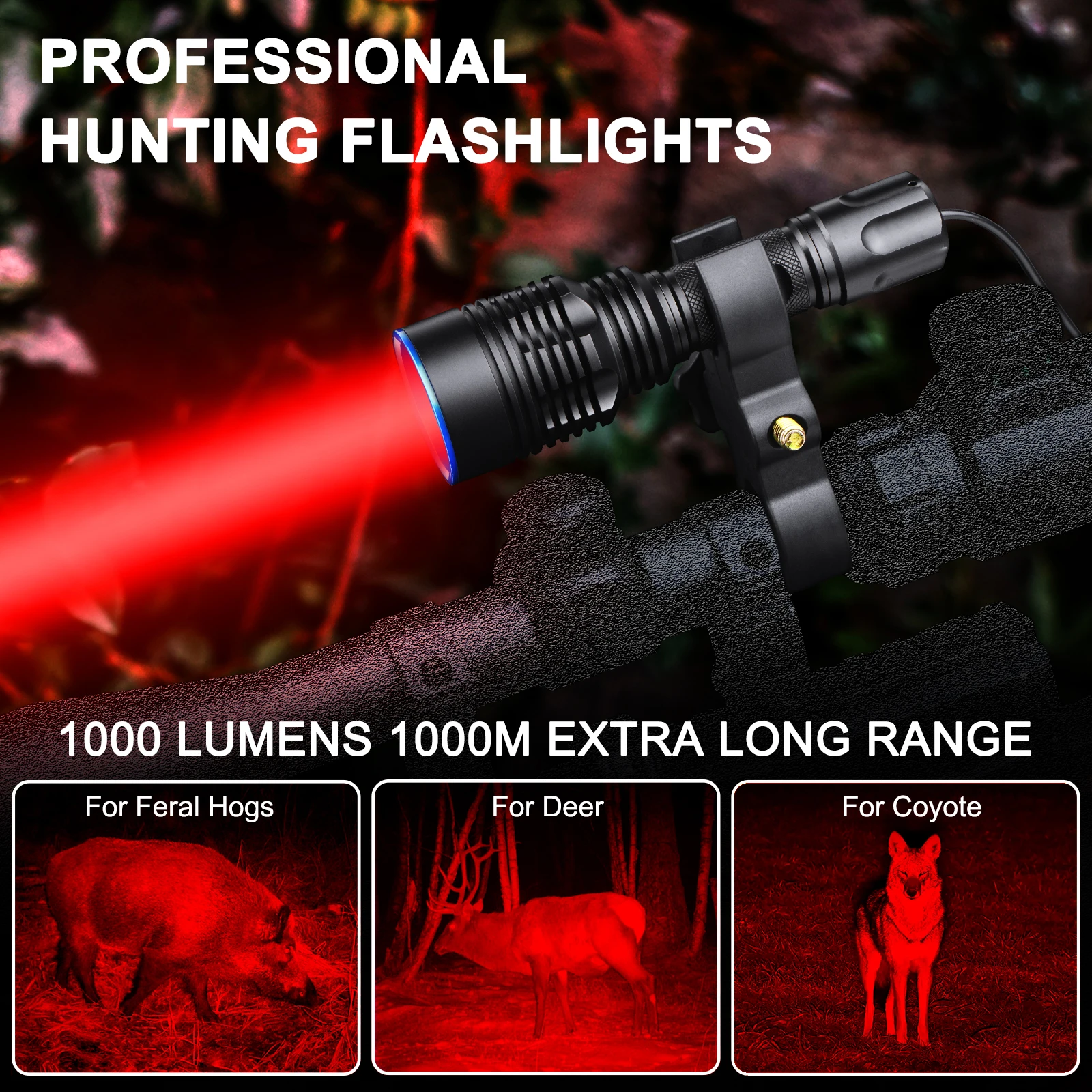 ANEKIM UC20 Pro super bright Red Hunting Light Flashlight 1000m Powerful Rechargeable Predator Chargeable Zoom Waterproof Light