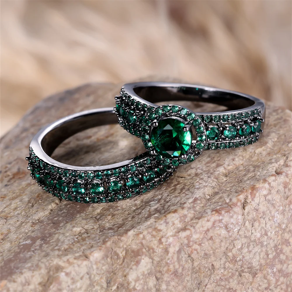 الأخضر الزركون المشاركة خواتم مزدوجة فاخرة كريستال حجر مستدير حلقة مجموعة للنساء خمر الأسود معدن مجوهرات الزفاف مجموعات هدية