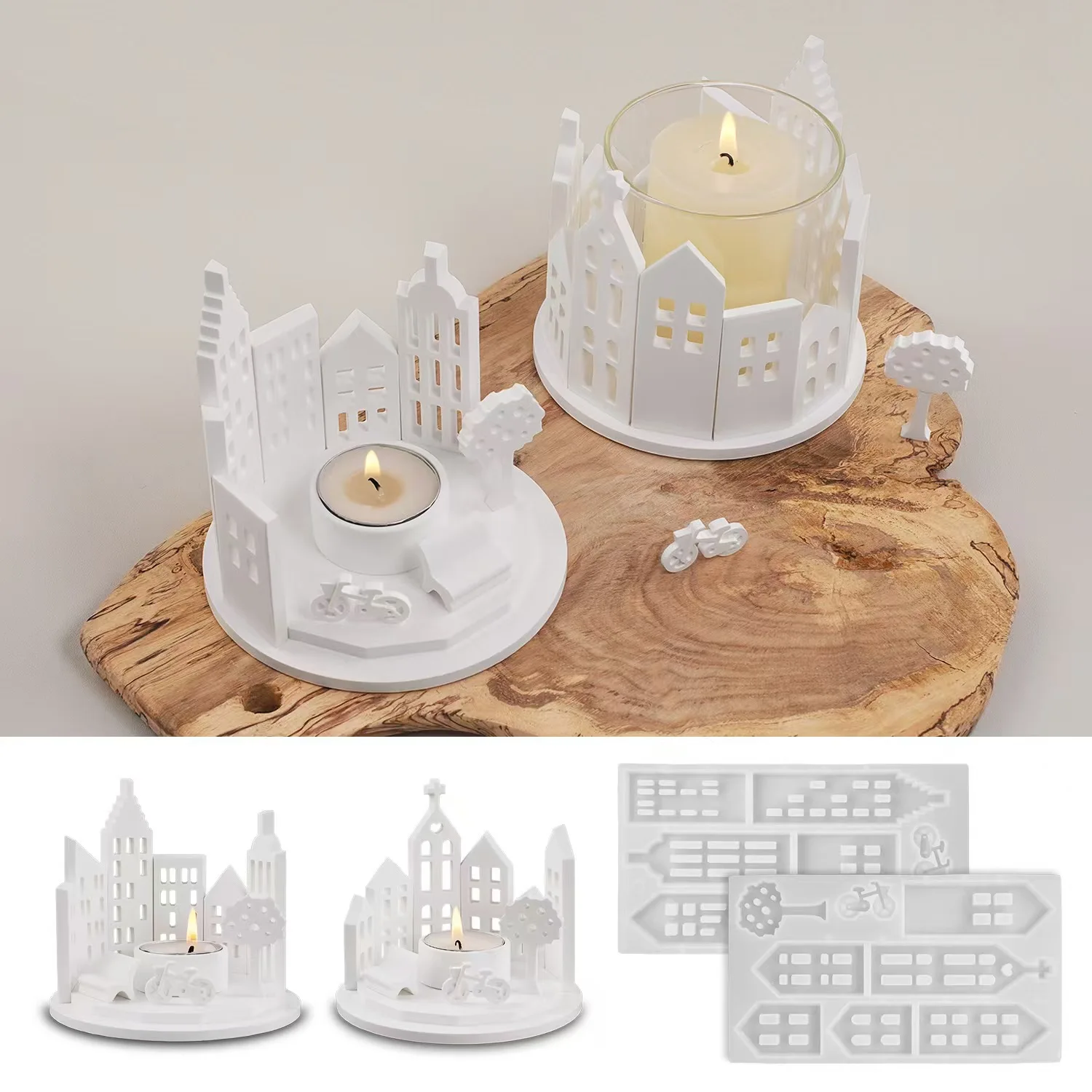 Ring House Building Candle Holder Silicone Mold Combination DIY Aromatherapy Gypsum  Pouring Ornaments Resin Mold Home Decor