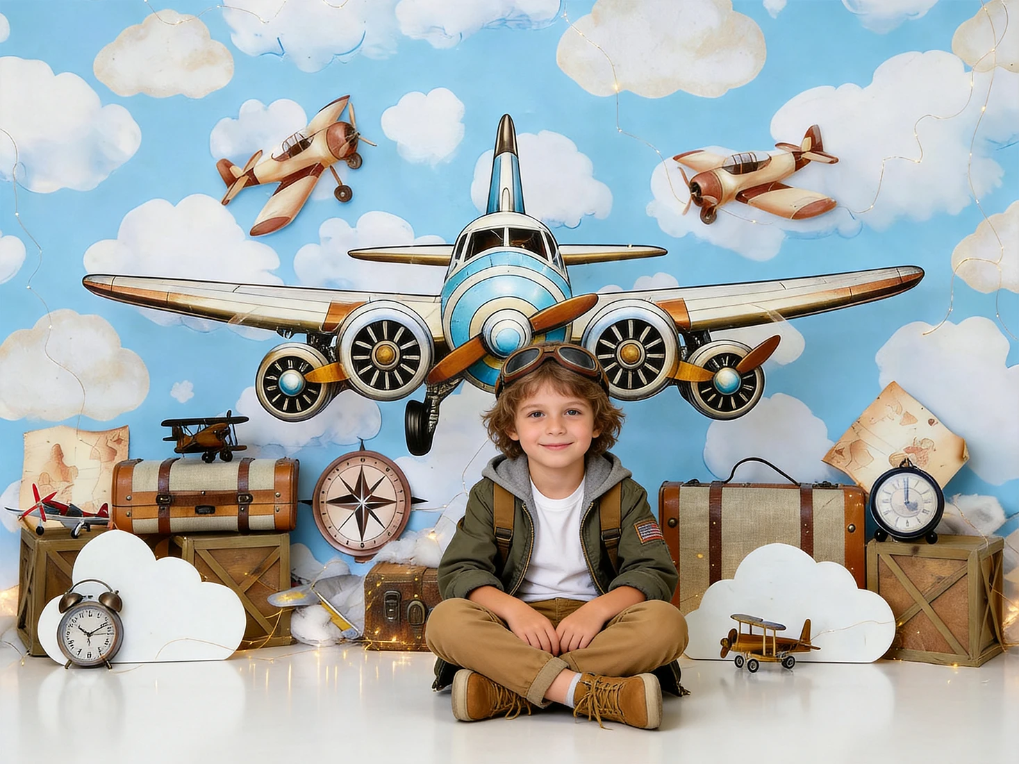Propeller Aircraft Backdrops Cake Smash Child Baby Photo Props Adult Kids Decors Little Pilot Photography Studio Backgrounds