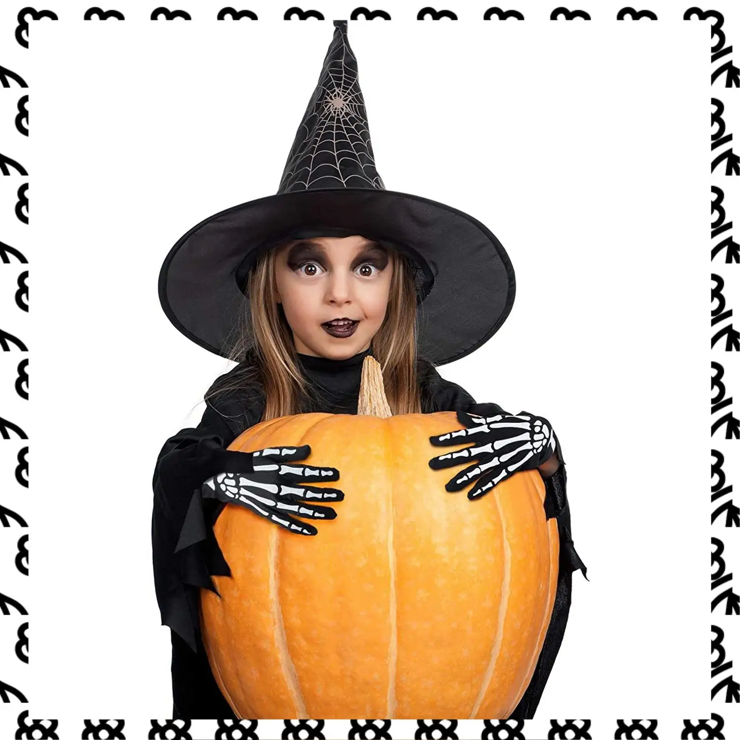 A07I 2 أزواج قفازات الهيكل العظمي للهالوين مع هيكل عظمي للذراع كم كامل إصبع طويل الذراع الهيكل العظمي قفازات للأطفال والكبار #5