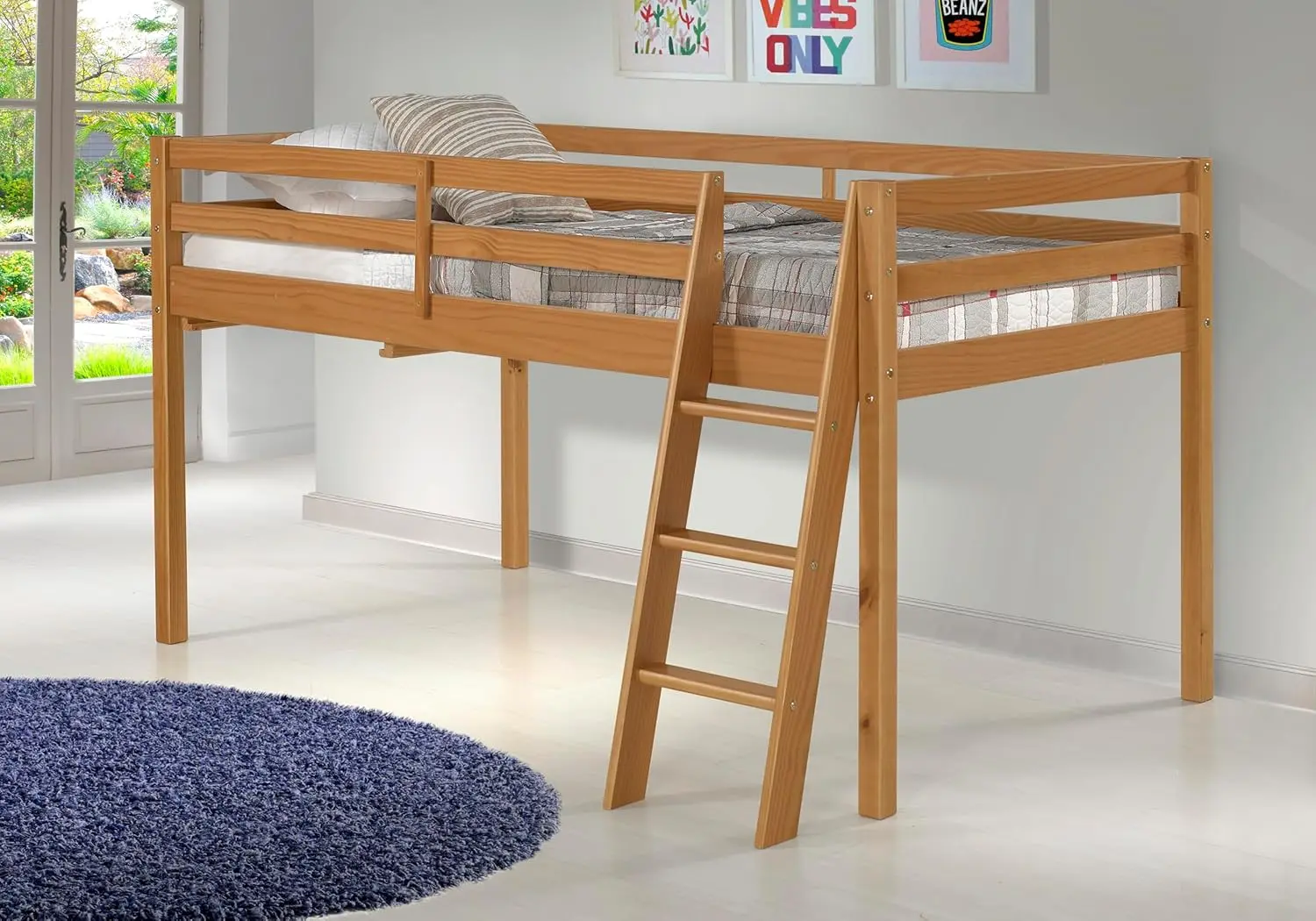 Twin Size Junior Wood Loft Bed, Cinnamon Finish, Sturdy Wooden Frame for Kids - Includes Built-in Side Desk & Open Shelving for