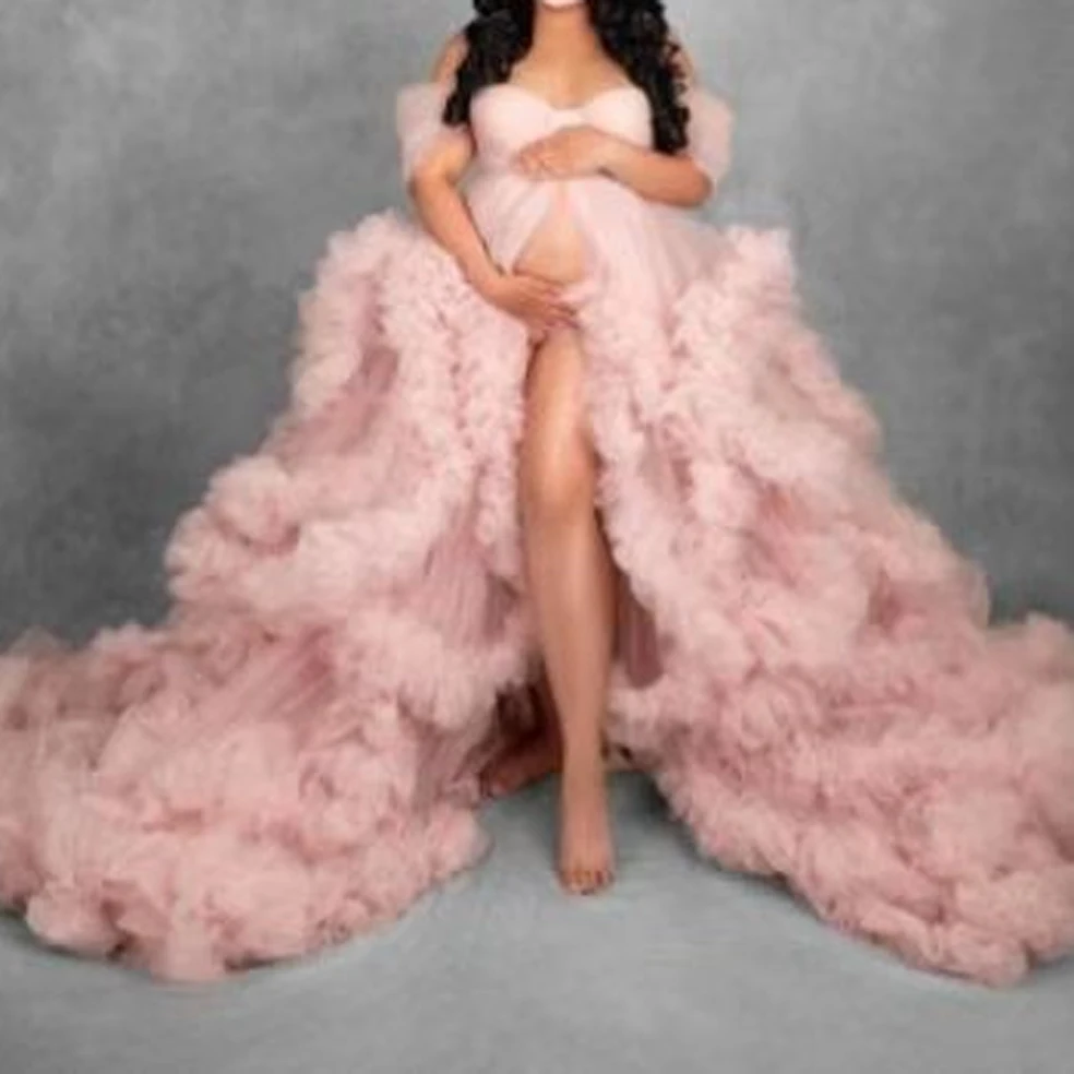 Tiered Ruffles Maternity Prom Dresses Puffy Tulle Robes Pregnant Women Gowns Front Split Wedding Bridal Sleepwear Photography
