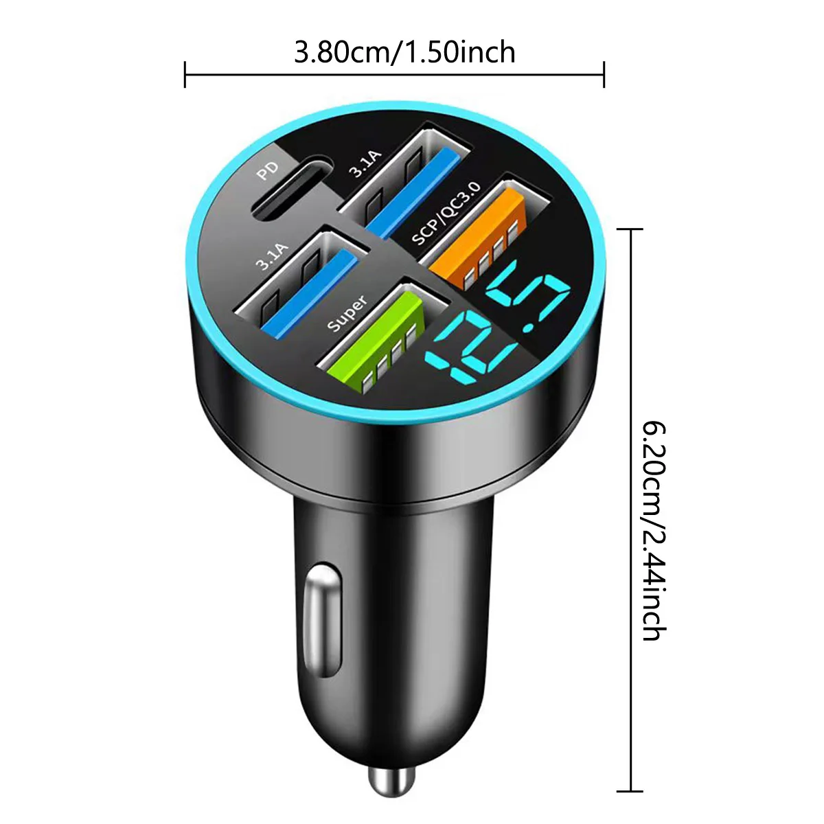 Car Charger 5 Ports USB Super Fast Charging Intelligent Charging Voltage Detection Digital Display Car Adapter Phone Charger