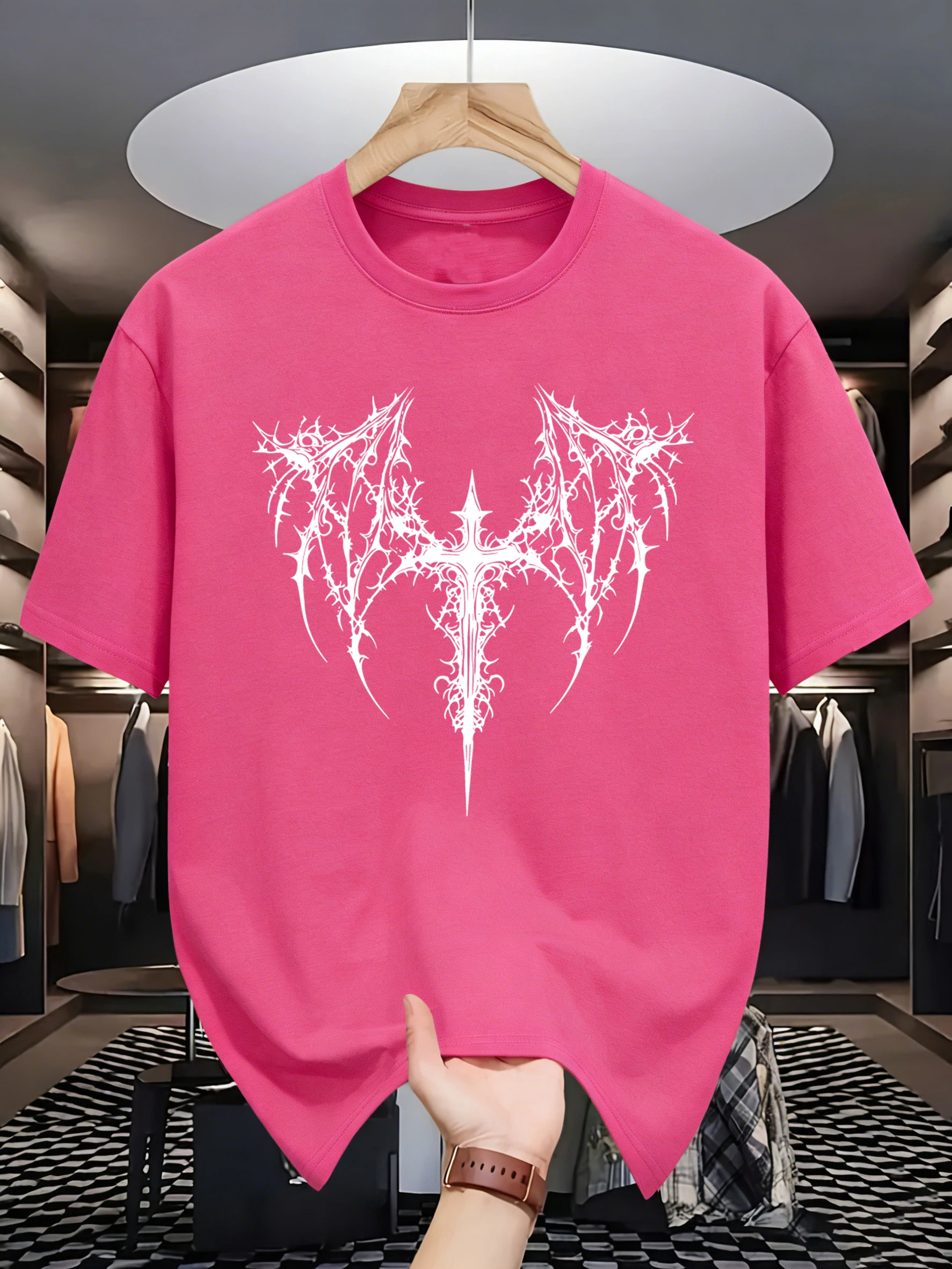 Thorn Cross Bat Wings Print Youth Hip Hop Short Sleeve All-Match Men T-Shirts Comfy Cotton Clothing O-Neck Loose Streetwear