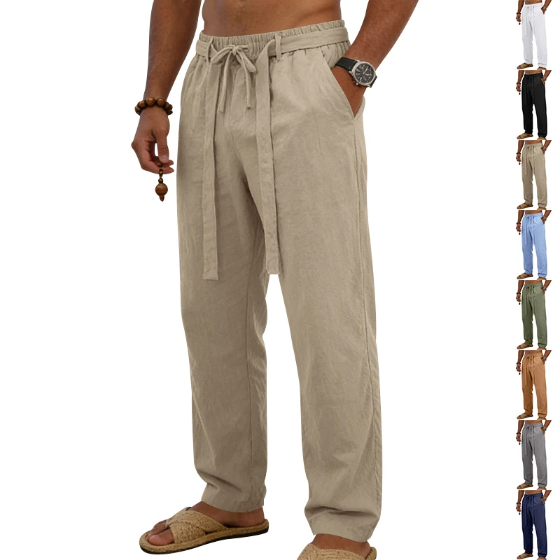 Herrenhose aus atmungsaktivem Leinen mit geradem Bein und elastischem Bund, lässige Urlaubshose für den Strand. – Detail 2