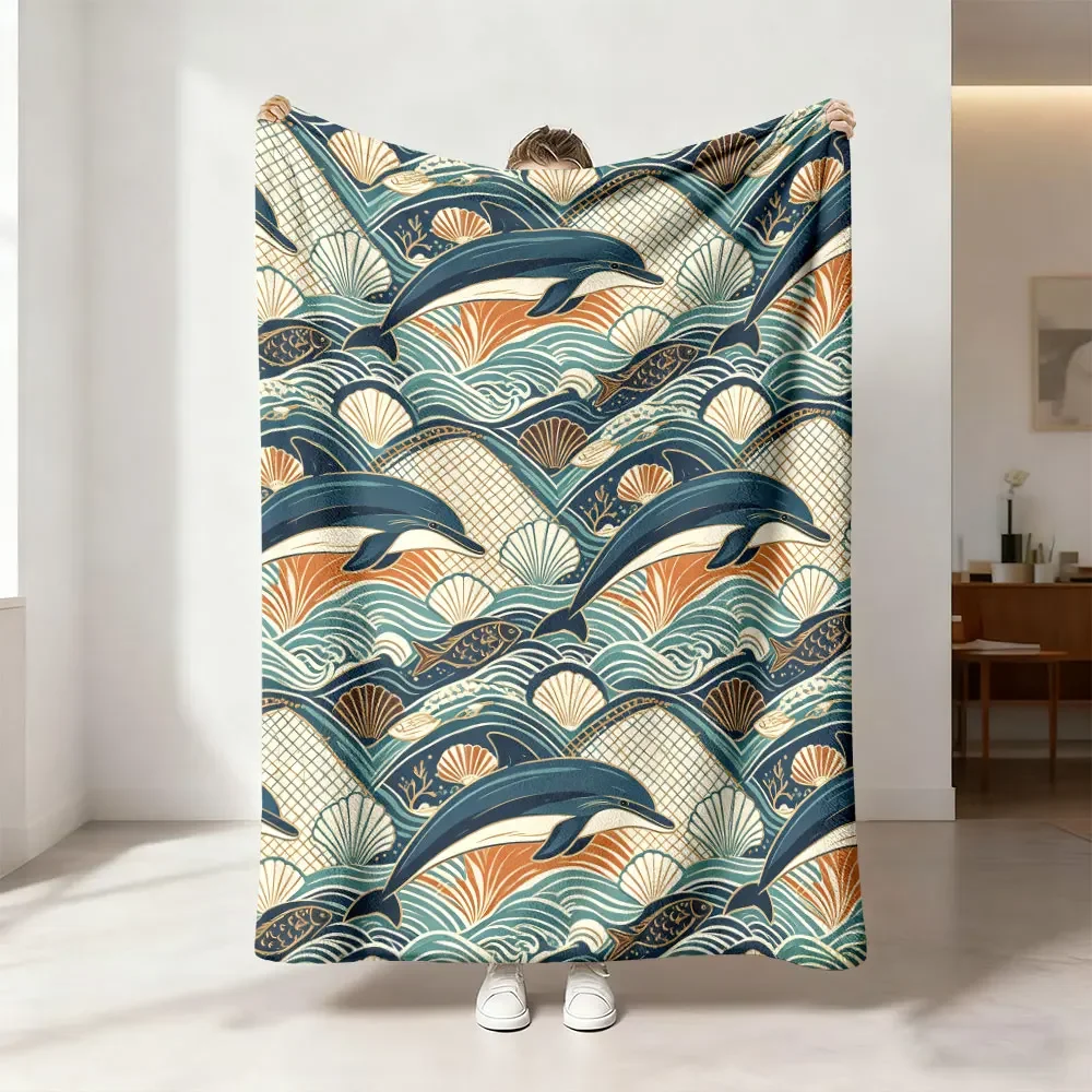 Nautical Dolphin Wave Pattern Throw Blanket Cozy Ocean Beach Decor Gift for Sofa Bedding