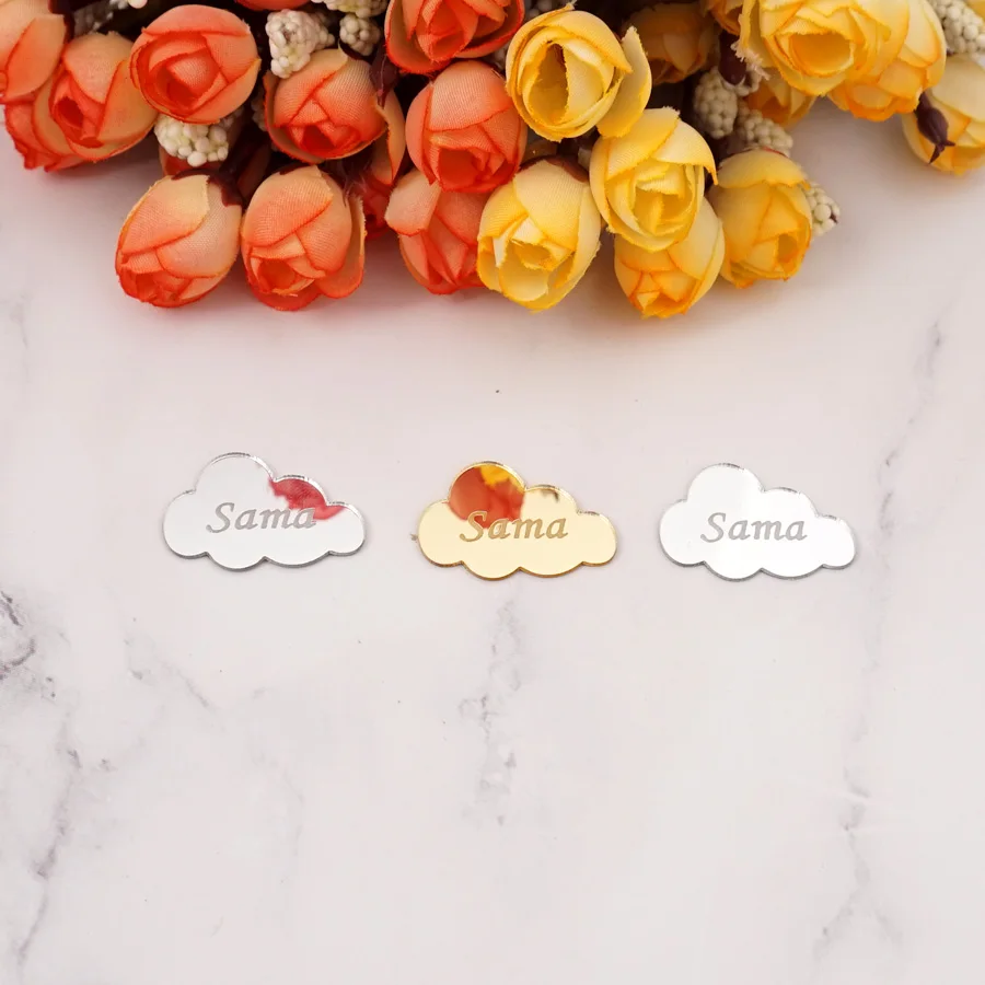 50pcs/lot Custom Wedding Name Tag Mini Cloud Stciker Personalized Acrylic Tags Party Decor Favors Babyshower Guest Baptism Gifts