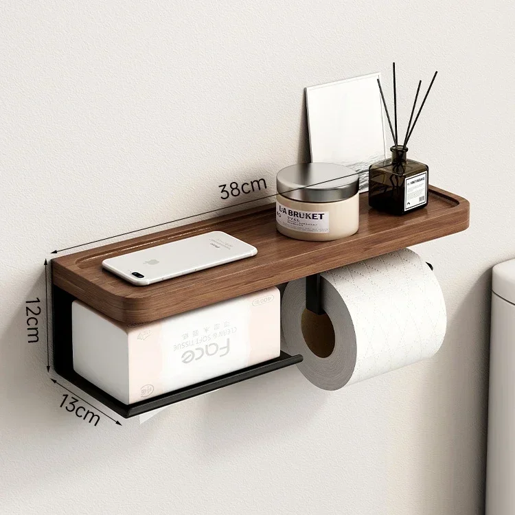 

Toilet Paper Holder with Black Walnut Shelf for Bathroom Wall Mounted Toilet Paper Tissue Holder Black Phone Double