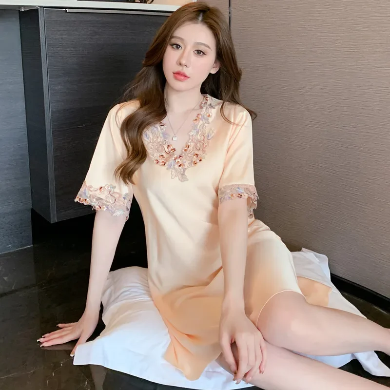 Jxgarb New Arrival 2023 Summer Half Sleeve Women's Satin Nightgown Embroidery Mini Simple High Quality Femme Nightwear