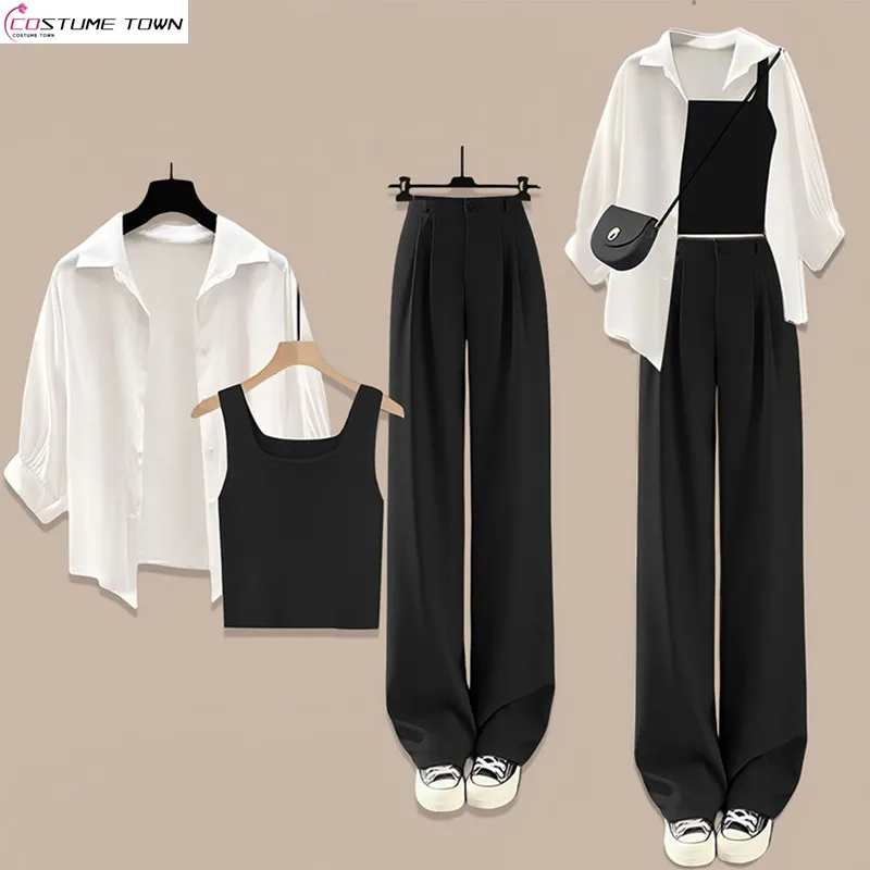 

Spring Women's Set 2024 New Style Sunscreen Shirt Women's versatile vest slimming suit wide leg pants three piece set