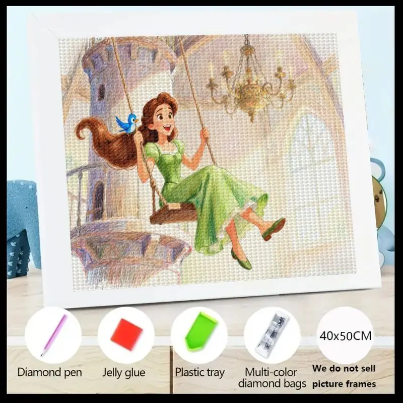 

1 шт. DIY 5D полный дрель комплект алмазной живописи, очаровательная сказочная принцесса девушка на качелях с голубой птицей и фоном замка, Crysta
