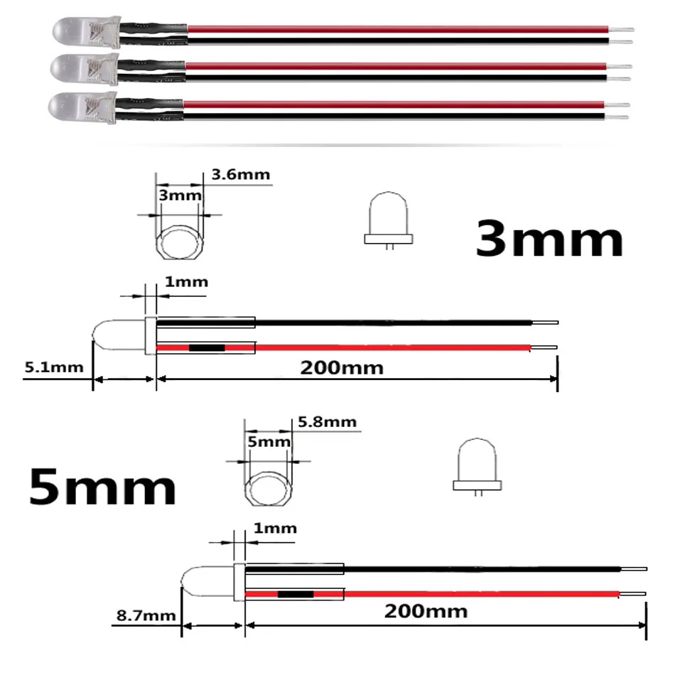 DC 5V 12V 24V 3mm 5mm Round led diode  Pre-Wired Water Clear Light Emitting Diodes Red Green Blue White Yellow UV RGB 10-50pcs