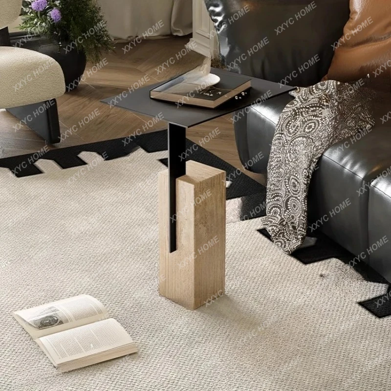 

living room, wabi-sabi-style sofa, cavestone side table, marble bedside table