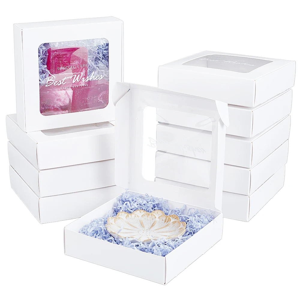 10pcs White Mini Paper Boxes PVC Window Gift Boxes Square Present Boxes Cookies and Other Small Crafts 6.18x6.3x1.77 Inch
