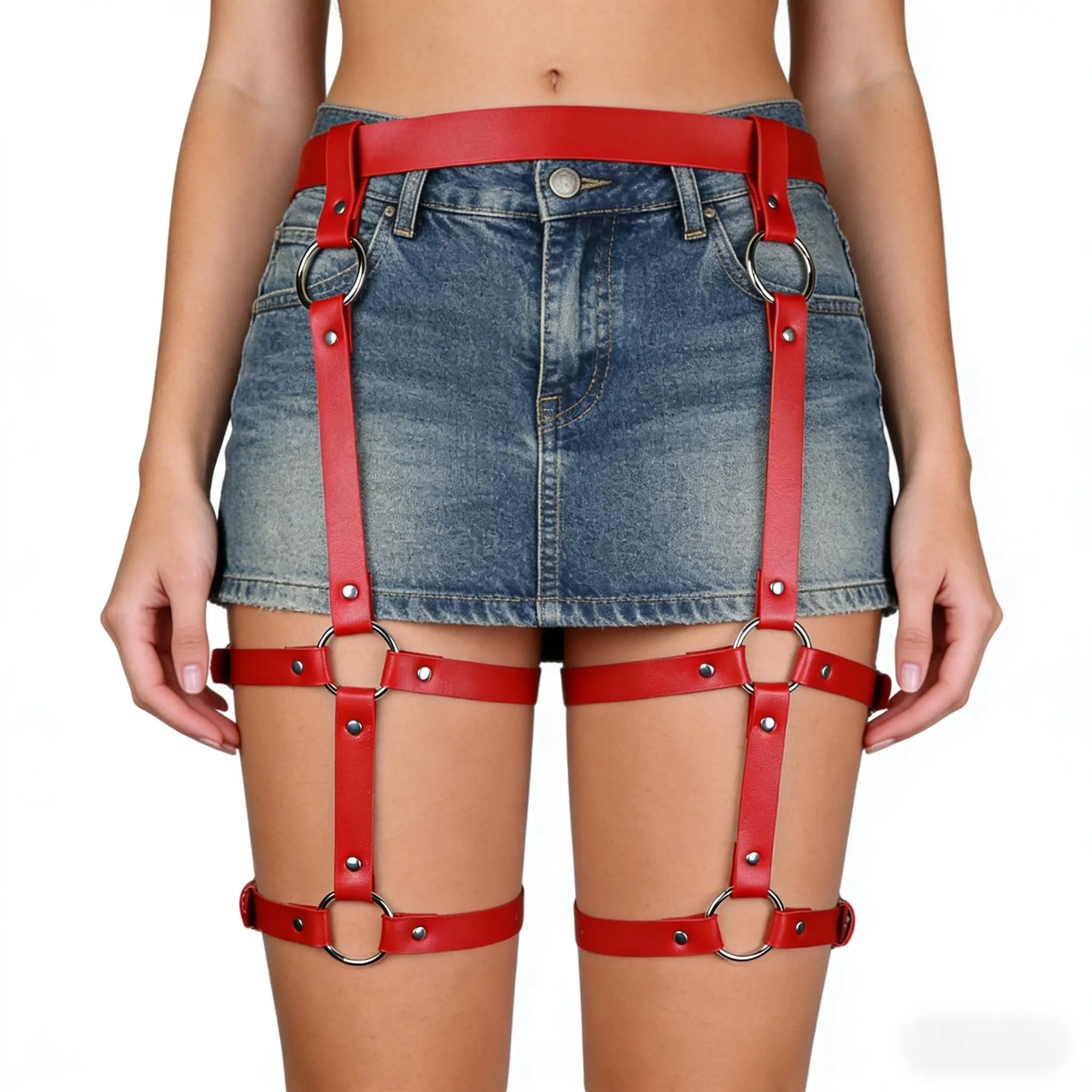 Women'S Stylish PU Thigh-High Garters with Adjustable Buckle Design And Circular Ring Connection,For Music Festival Club Outfits