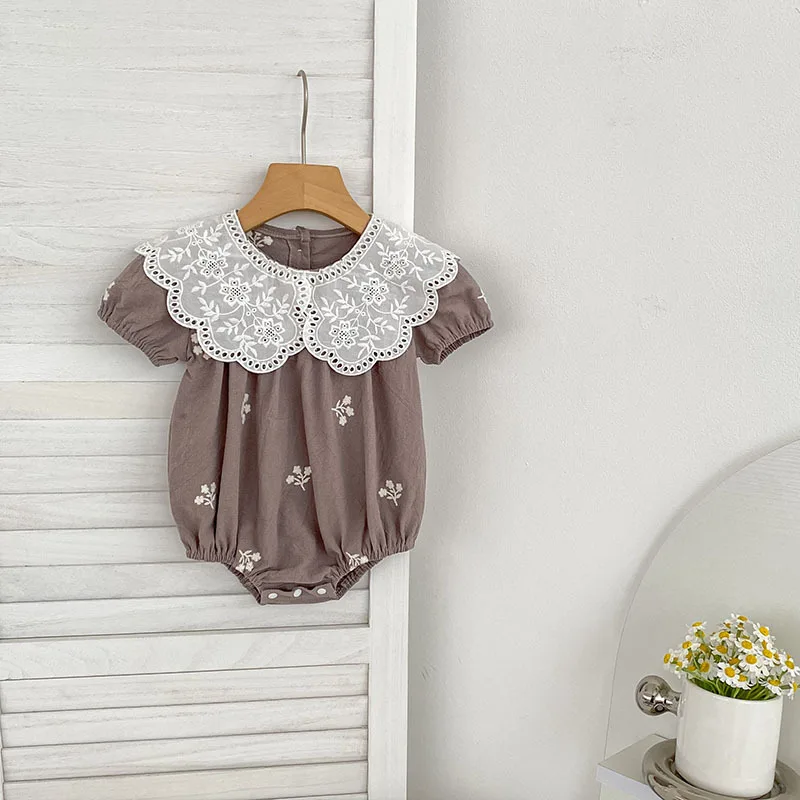 Girls Onesie 2026 Spring and Summer New Childrens Wear Korean Style Girl Baby Short-sleeved Lace Collar Embroidered Onesie