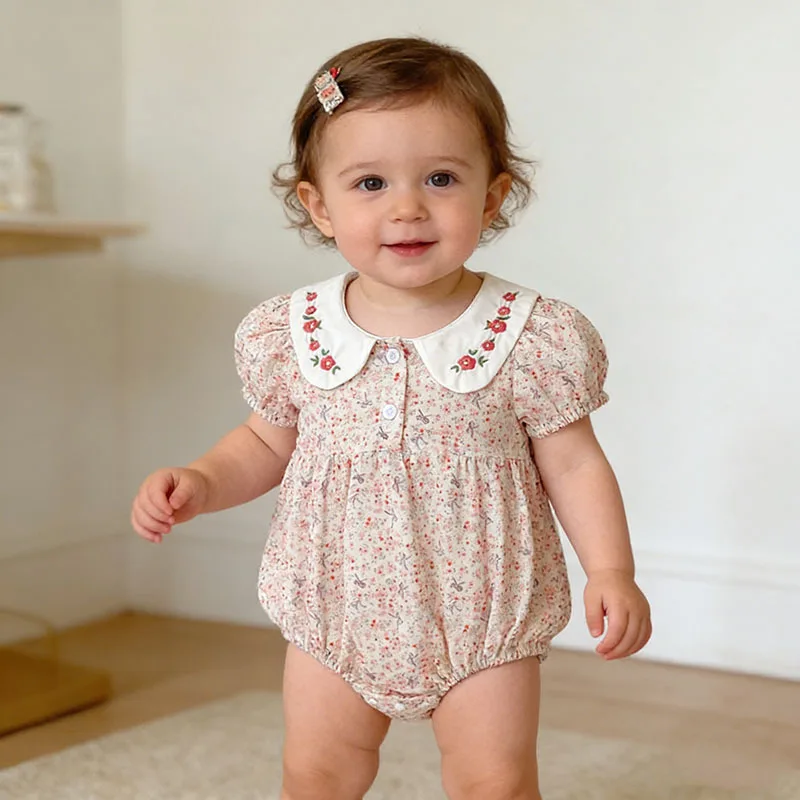 

Girls Onesie 2026 Spring and Summer New Childrens Clothing Korean Girl Baby Sweet Embroidered Collar Floral Short-sleeved Onesie