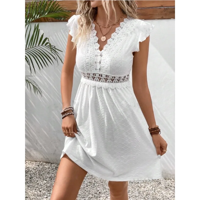 Mini robe à œillets en dentelle blanche pour femmes, manches à volants, col en v, taille ajourée, style Boho, robe de plage, de soirée, été