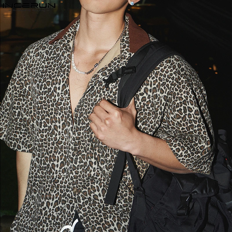 INCERUN Camicia da uomo Stampa leopardata Patchwork Risvolto Manica corta Oversize Abbigliamento uomo Streetwear Vacanza estiva Moda Top 2025