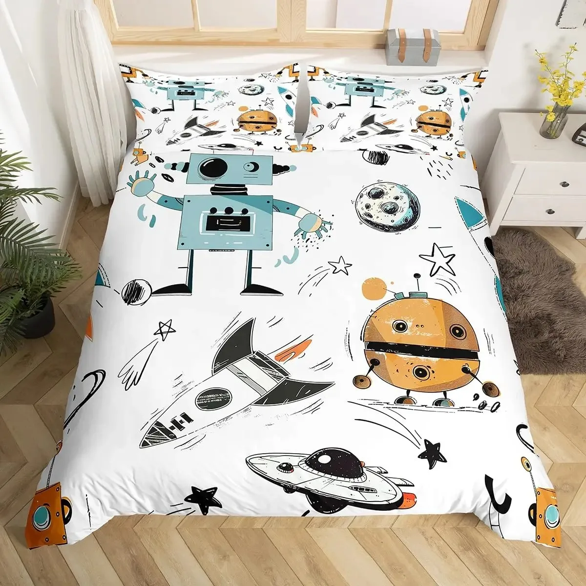 

Boys Cartoon Robot Rocket Duvet Cover King Queen Size,Kids Spaceship Bedding Set 3Pcs Starry Galaxy Universe Planet Quilt Cover