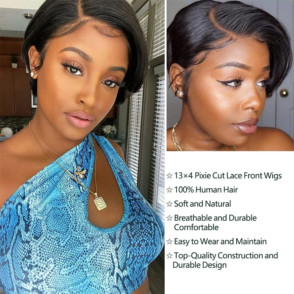 Wig Rambut Asli Malaysia 13x4 Lace Wig Model Pixie Cut dengan Belahan Samping, Wig Bob Lurus dengan Belahan Samping dan Lace Transparan untuk Wanita Kulit Hitam