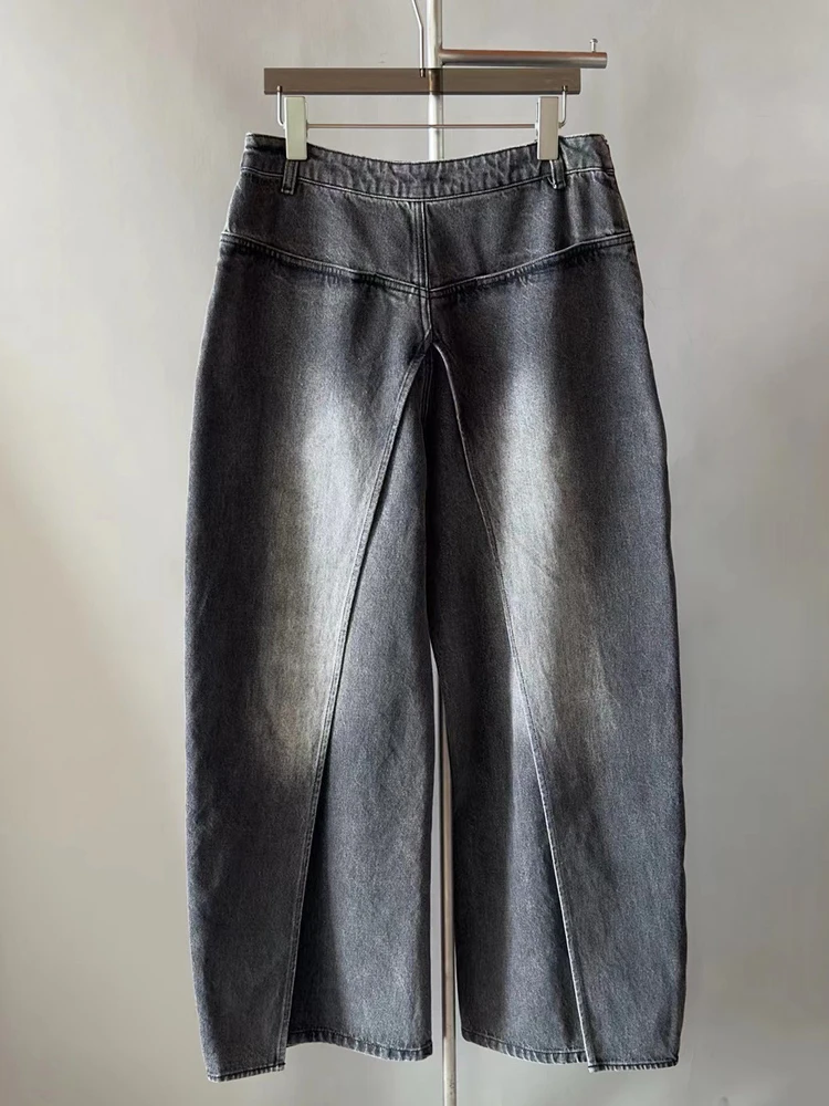 

Свободные утягивающие джинсы с талией в стиле ретро, широкие брюки, двусторонняя одежда, деконструированные джинсовые брюки-бананы, искусственный наряд из двух предметов