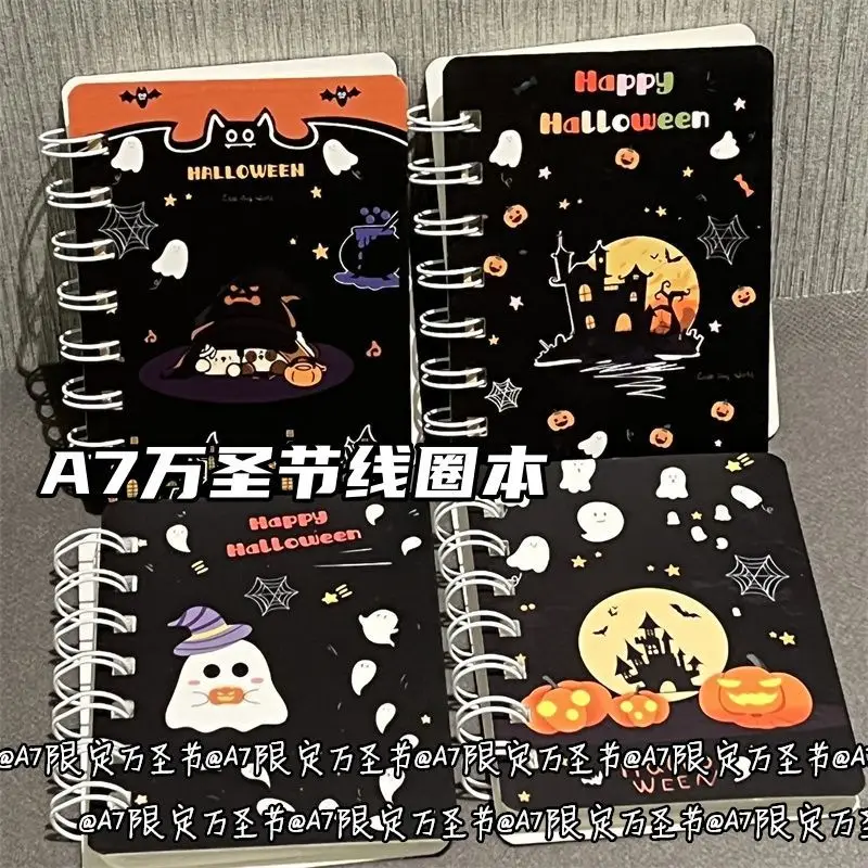 A7 Halloween Spiral Notebook Cute Ghost Pumpkin Castle Pattern Pocket Journal Small Memo Notepad For Students