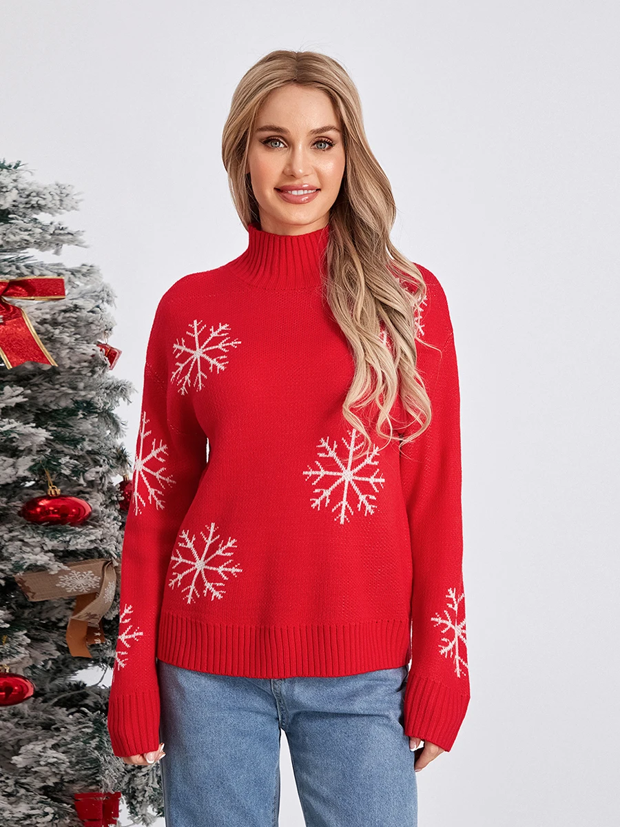 wsevypo Snowflake Jacquard Christmas Sweaters Women\'s Long Sleeve Turtleneck Knit Pullovers Fall Winter Loose Jumpers Tops