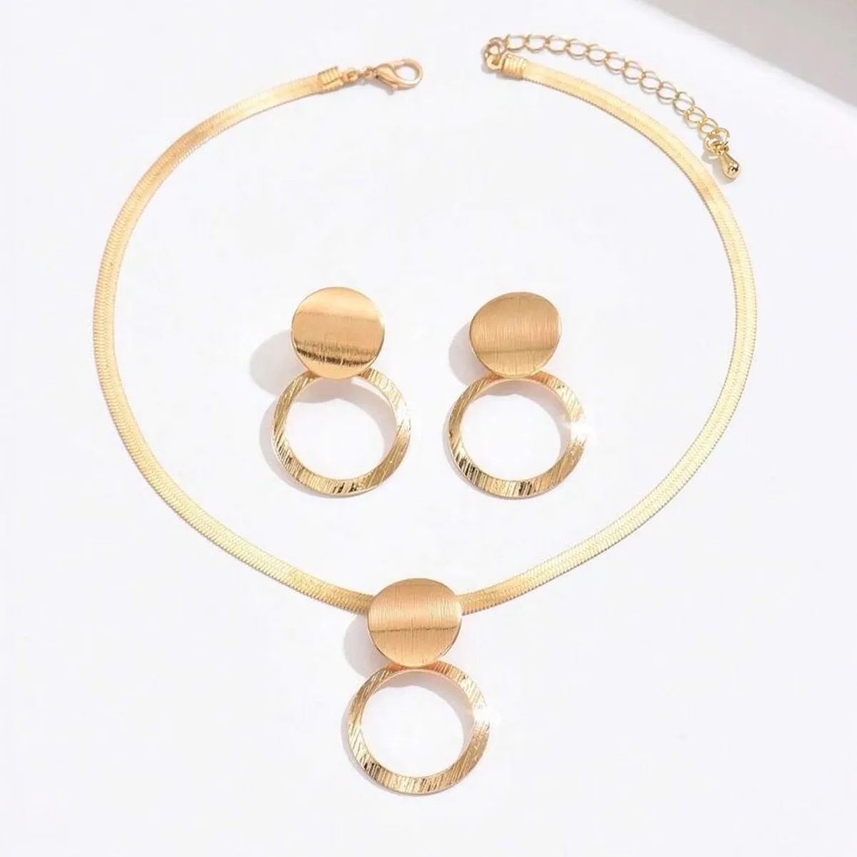 Fashionable Flat Snake Chain Ring & Pendant Necklace Earrings Set