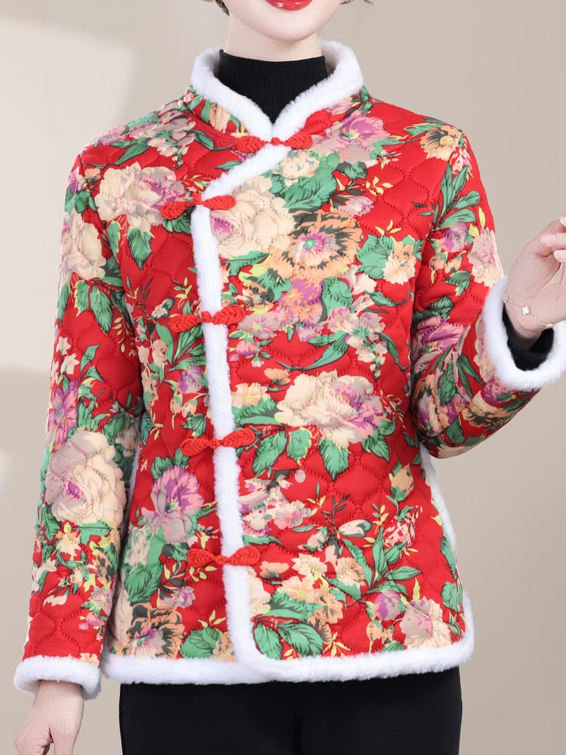 

Women's Fro Coat Sle Cotton Jaet Floral Print Fce Lined Slim Fit Winter Outerwear Traditional Design