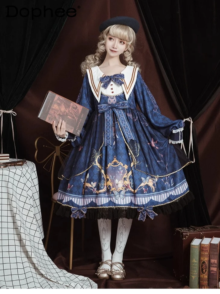 

2025 Spring New Heavy Industry Cute Daily Lolita Dress Sweet Girls Bow Gauze Lace Hemline High Waist Long Sleeve A-line Dresses