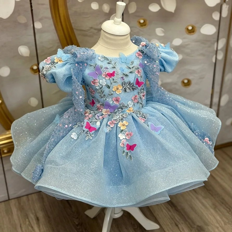 Blaues Prinzessinnenkleid für Mädchen mit 3D-Schmetterlings- und Blumenapplikationen, Puffärmeln, Tüllrock, Kindergeburtstag, Hochzeit, Party, Festzug, Kostüm A5127 – Detail 3