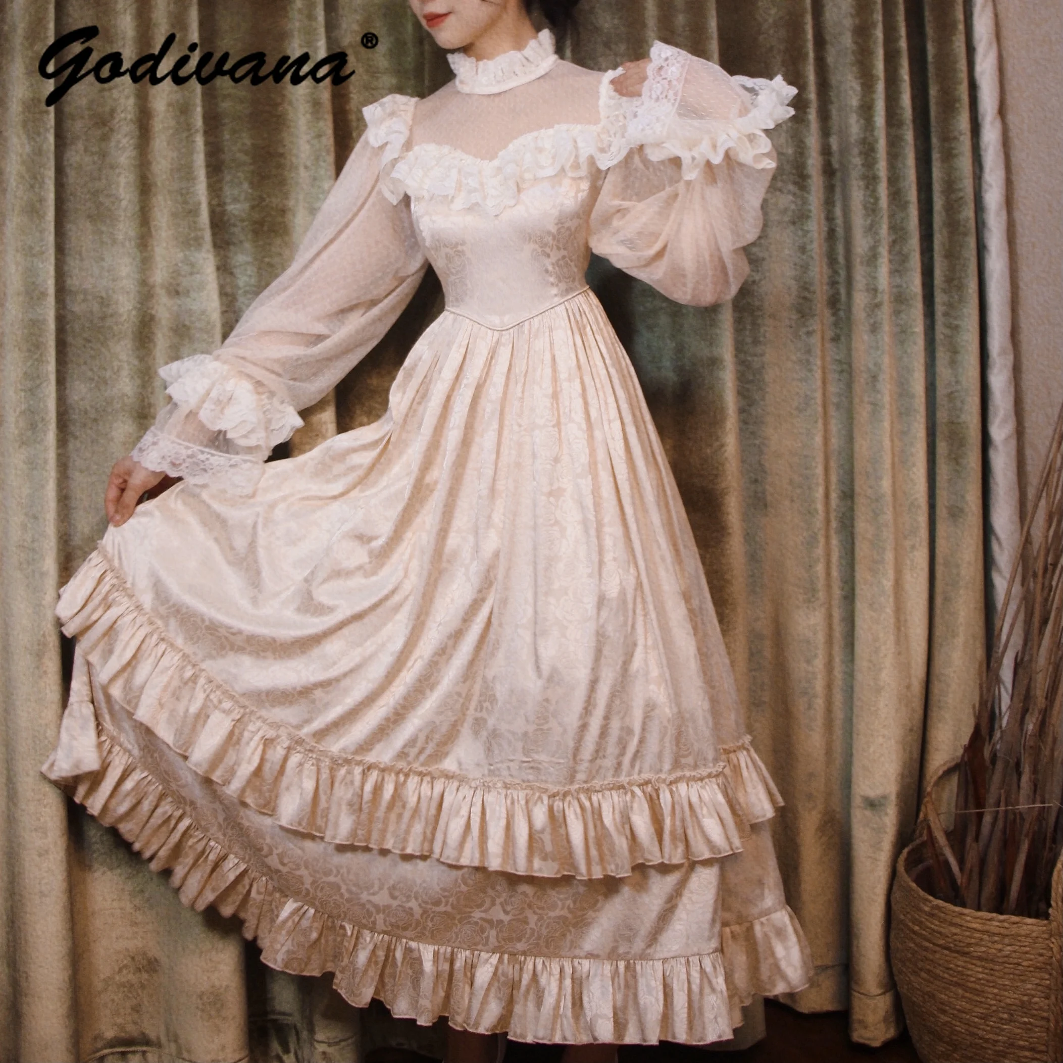 Retro estilo palácio francês renda cetim vestido novo outono manga longa feminino gola renda emendado fino jacquard vestido longo