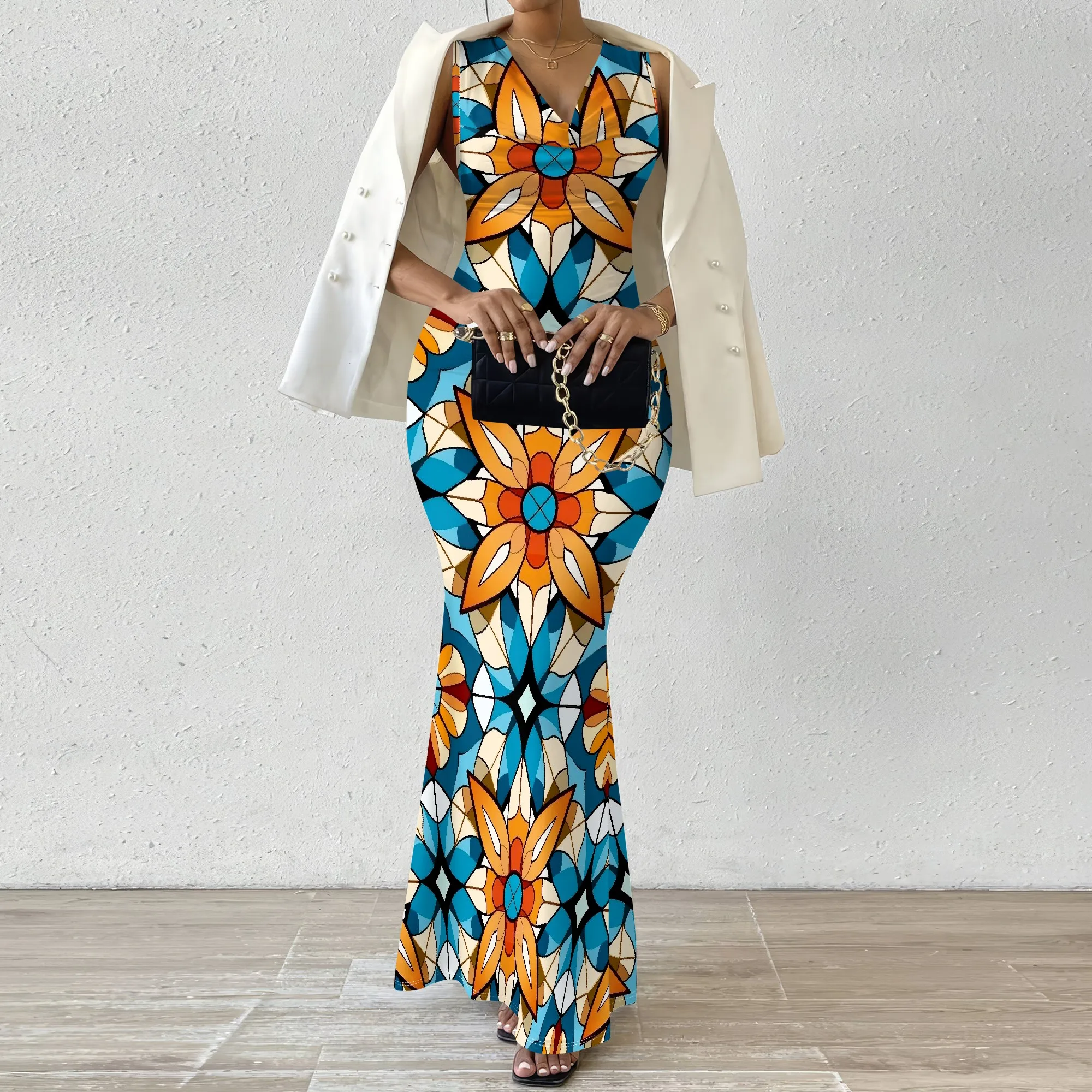 

2025 Women's Sleeveless African Floral Maxi Dress Mermaid Fit Bodycon Style Long Dress for Church Party Event Outfit XS-XXL