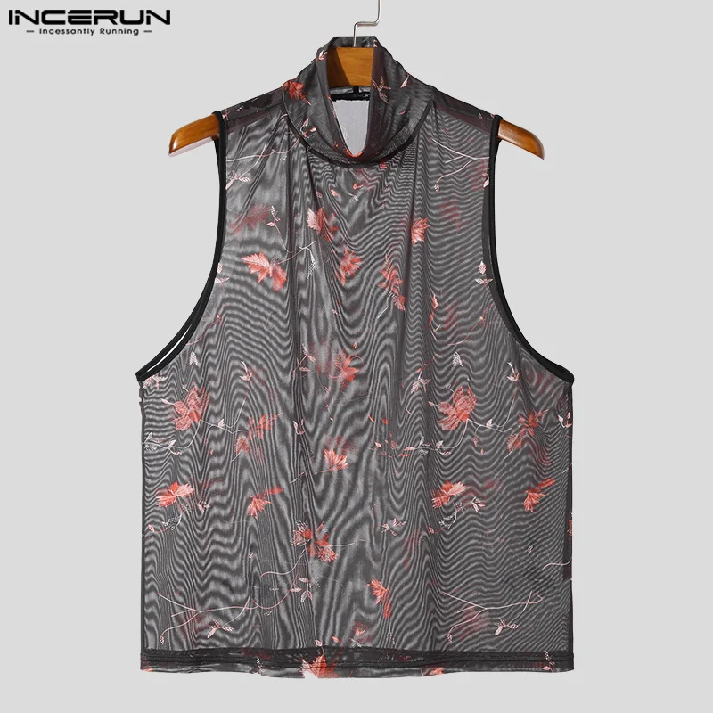 INCERUN Tops 2024 American Style New Men\'s Mesh Floral Perspective Design Vests Fashion Sexy Semi High Neck Thin Tank Tops S-5XL