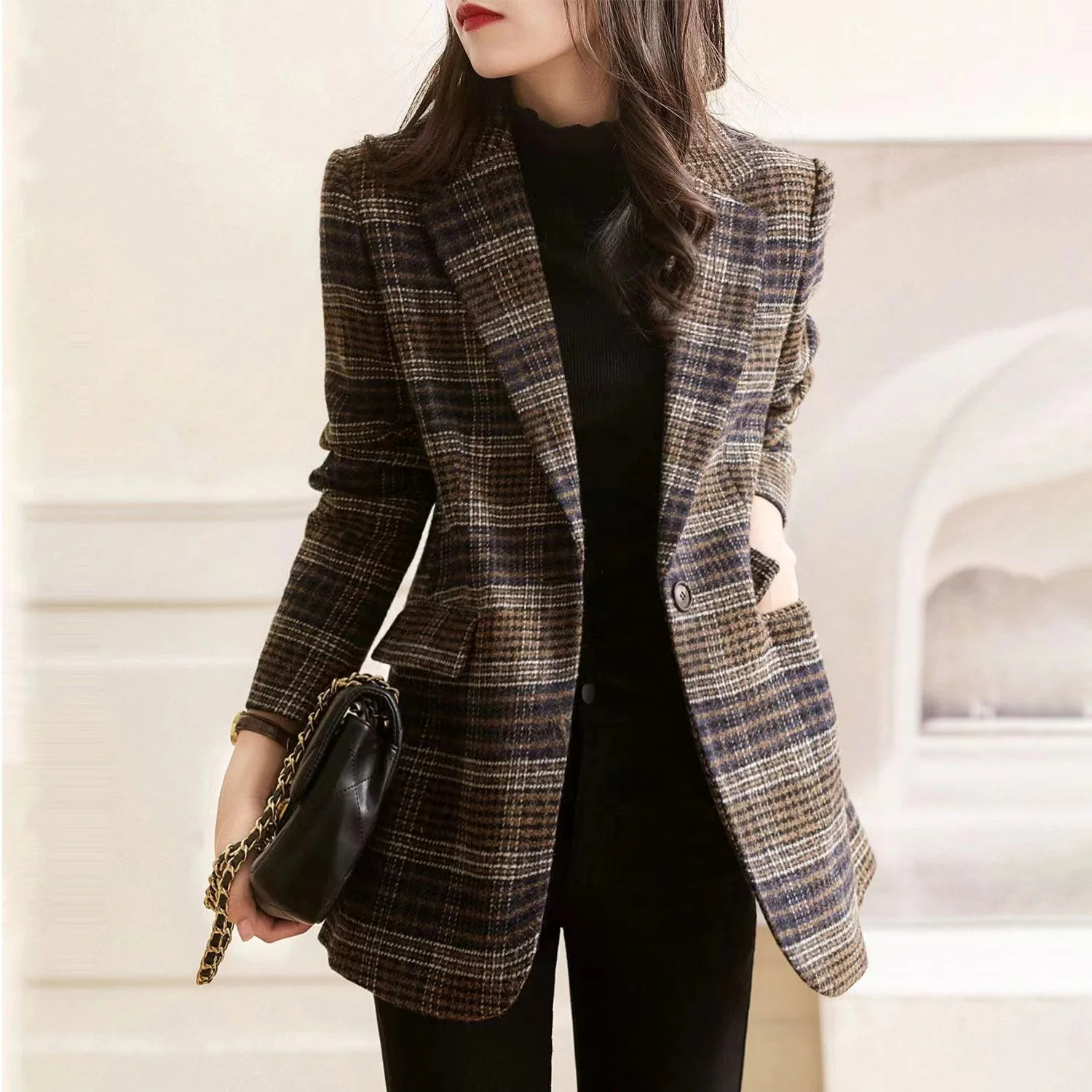 

New Korean Women Woolen Single Breasted Long Sleeve Notched Blazer Coat Fall Winter Female Casual Loose All Match Office Jacket