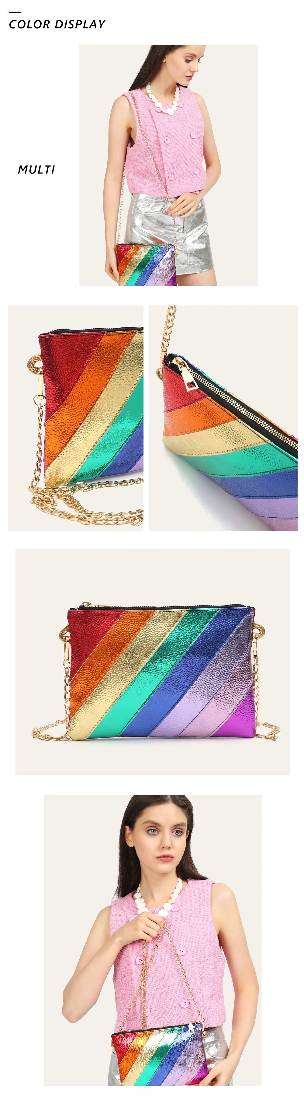 Luxus funky Metallic Farbe Streifen Pu Leder Handtasche Damen quadratische Clutch Metall kette Cross Body Geldbörse Mode Y2k Party Abschluss ball – Detail 4