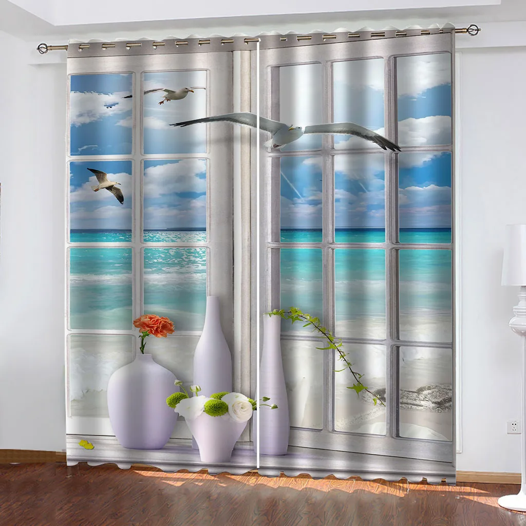 HUANZHUANG Luxury Curtains For Living Room Window Sea Landscape Tasteful Modern Fashion 2 Pieces Winodw Curtain