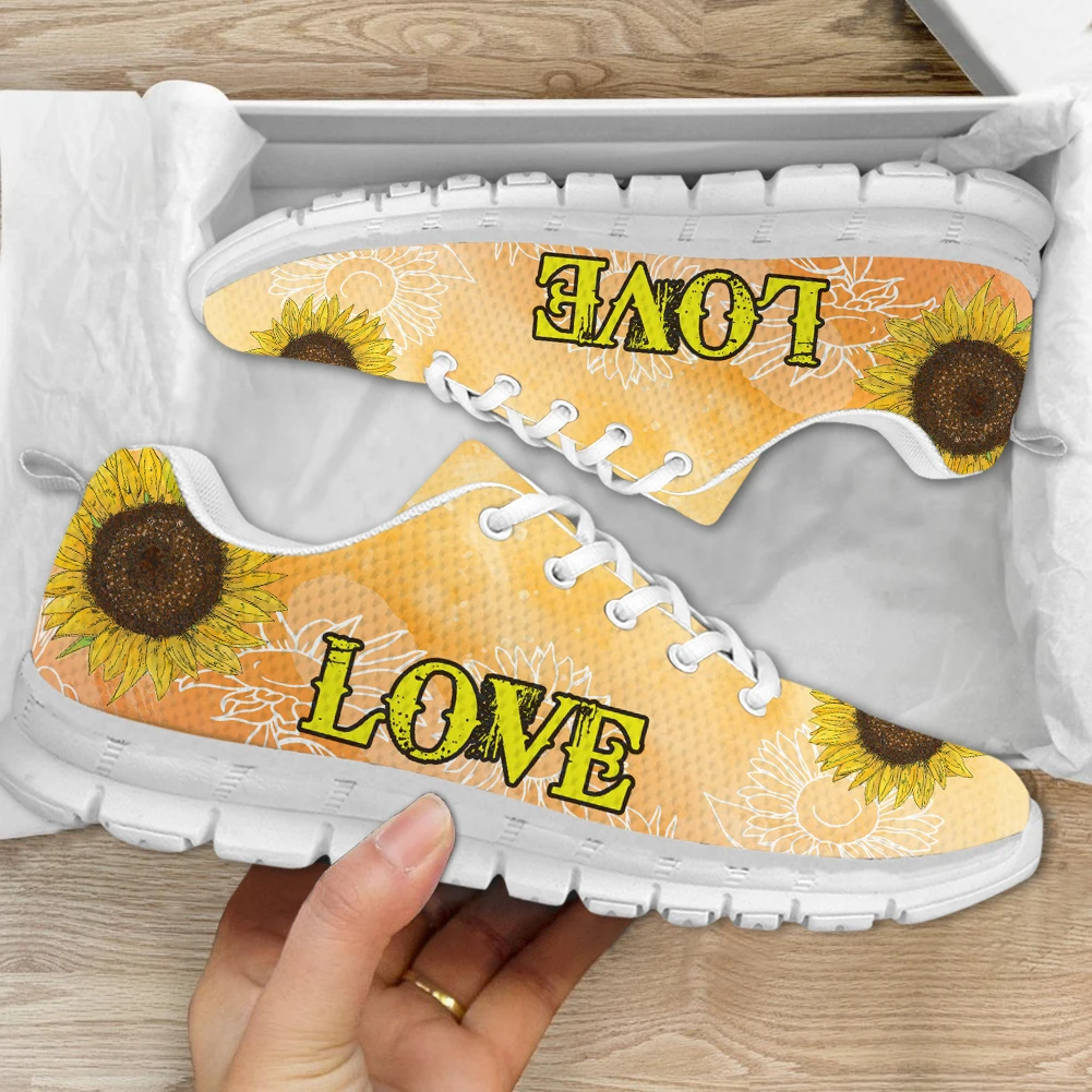 INSTANTARTS New Casual Sneakers Peace And Love Sunflower Design Flat Shoes for Women Wear Resistant Vulcanized Shoes Chaussure