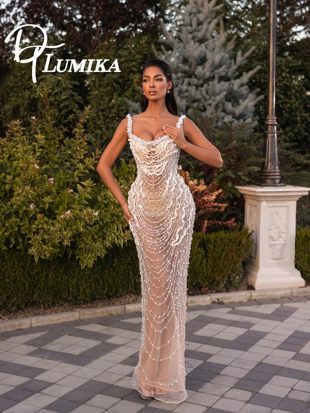 

Fashion Spaghetti Strap Pearl Wedding Dress 2026 Romantic Sheer Mesh Bridal Gown Fashion Mermaid Floor Length Bridal Dress Robe