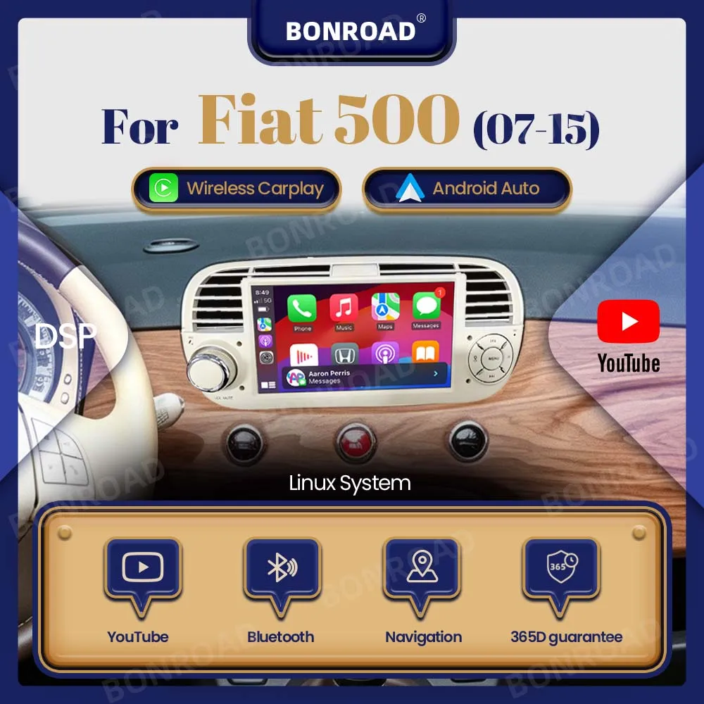 Autoradio BONROAD con CarPlay wireless, lettore multimediale per Fiat 500 2007 2008 2009 2010 - 2015, con Bluetooth, YouTube, Android Auto, schermo touchscreen, DSP, GPS, MirrorLink, schermo