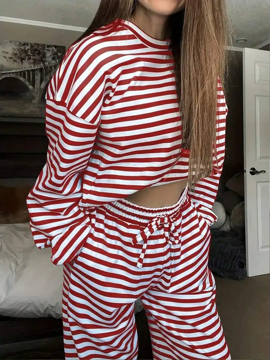 

Womens Red And White Striped Pajama Set Loose Round Neck Top Elastic Waist Pants Sleepwear