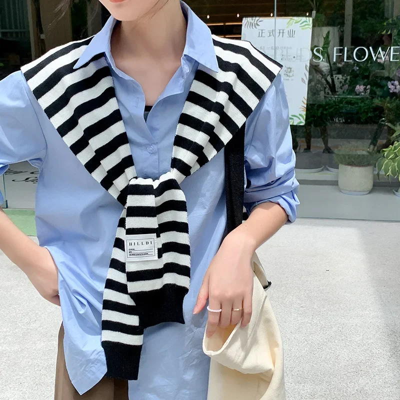 2025 New Poncho Black and White Striped Knitted Shawl Decorative Shoulder Versatile Neck Protection Paired with Shirt Cape P3