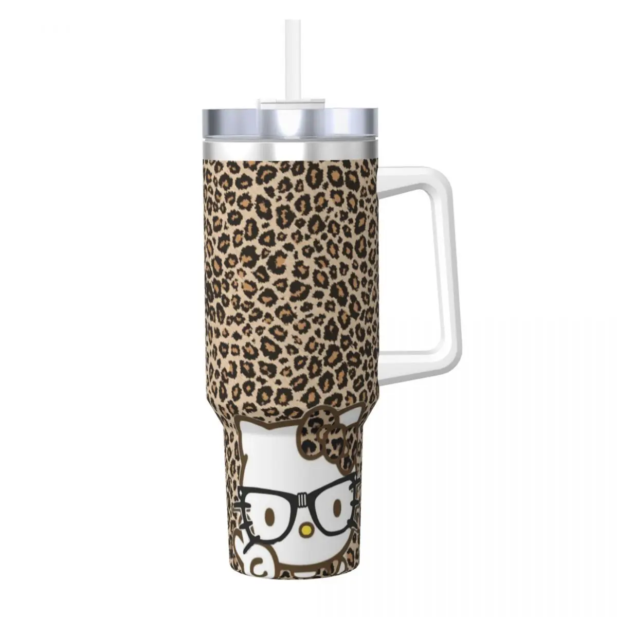 

Leopard Texture Hello Kitty Stainless Steel Tumbler Driving Car Mugs Large Thermal Cups Leakproof Hot Drinks Milk Water Bottle