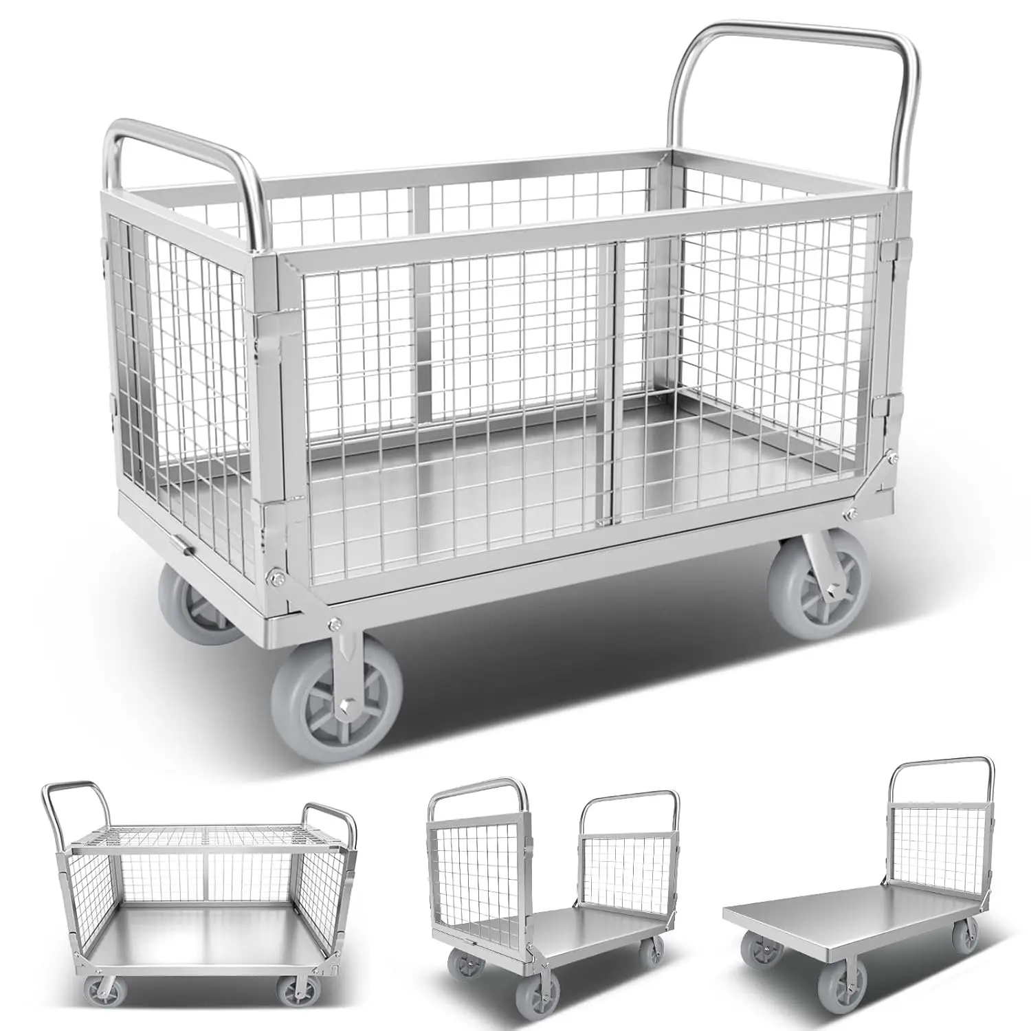 Platform Truck Cart with Cage 4in1 Foldable Platform Truck Heavy Duty Push Cart for Grocery Laundry Storage