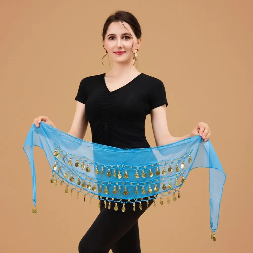 Goudkleurige munten Buikdans Heupsjaal Verstelbaar Chiffon Materiaal Heupsjaal Wrap Drie lagen Gemakkelijk te dragen Dansen Tailleriem