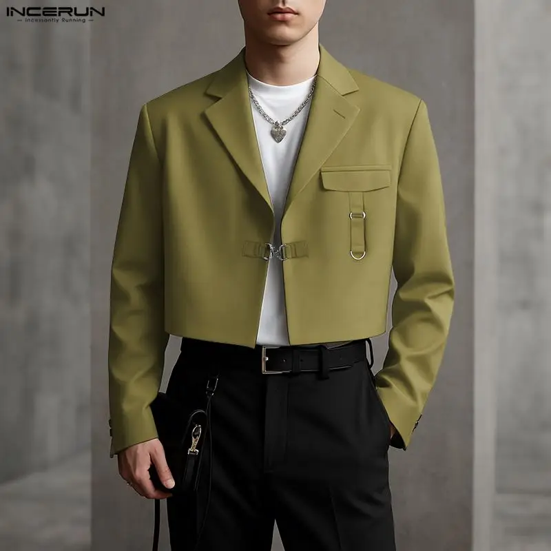 INCERUN Men Blazer Solid Color Lapel Long Sleeve One Button Casual Suit Men Streetwear Loose Elegant Fashion Male Thin Coats