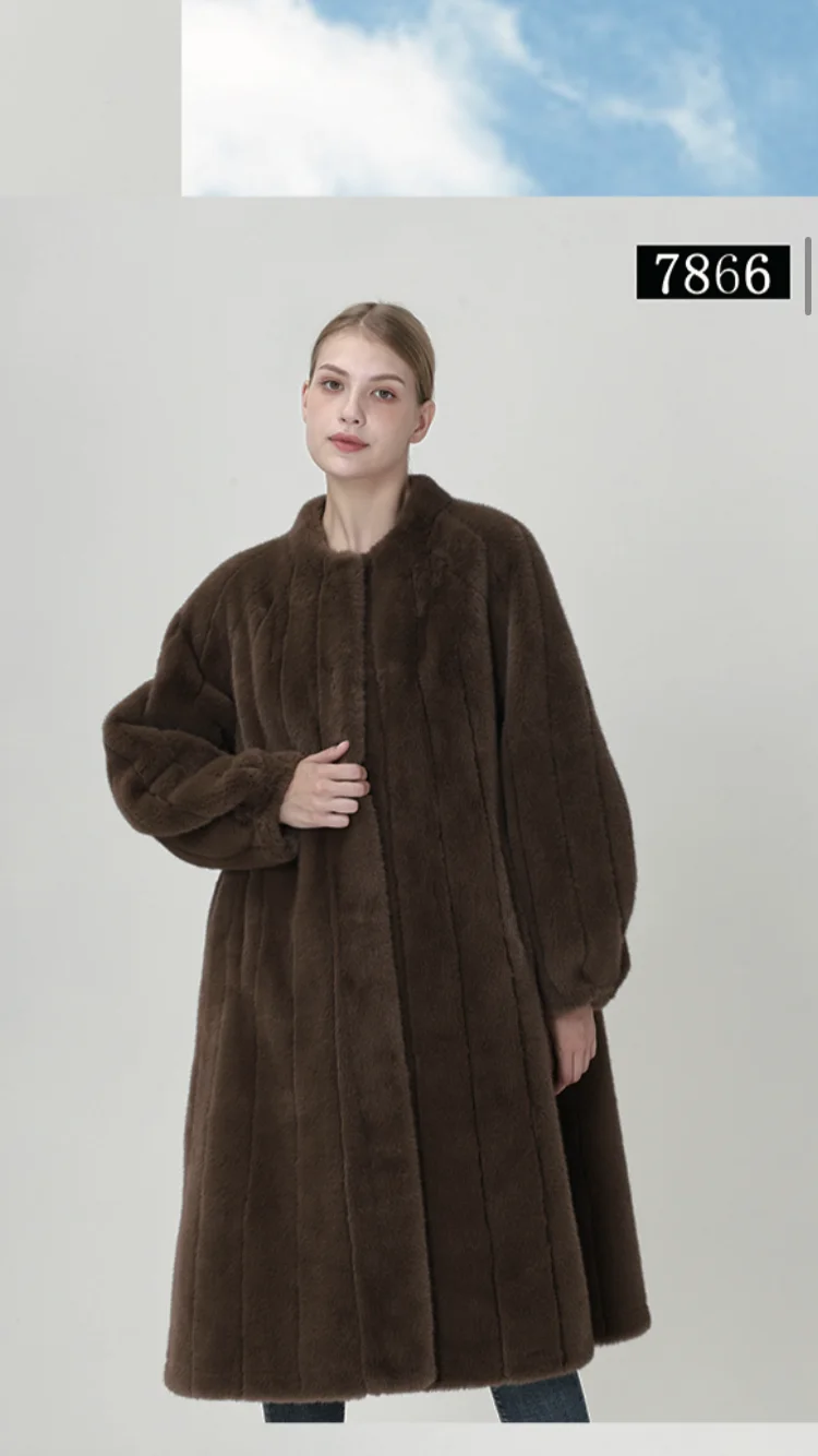 Feminino Faux Mink Fur Jacket, Stand Collar, Casaco de Inverno, 90cm Comprimento