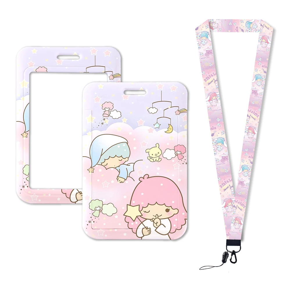 W Sanrio portatarjetas de identificación de Little Twin Stars, correa para el cuello, colgante, portatarjetas de puerta para niñas, cordones, llavero, funda para cremación, regalo